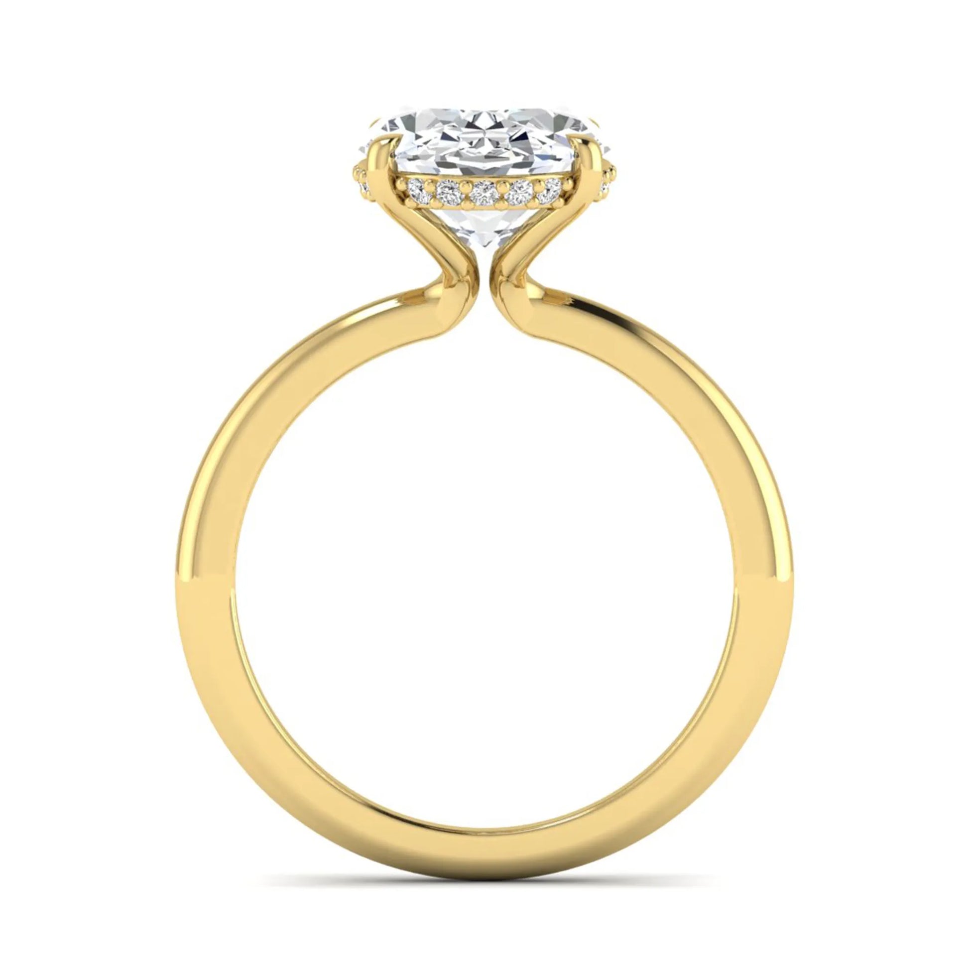 IGI certified oval cut lab grown diamond engagement ring featuring a four-prong setting with a hidden halo of round accent diamonds in yellow  gold tone.