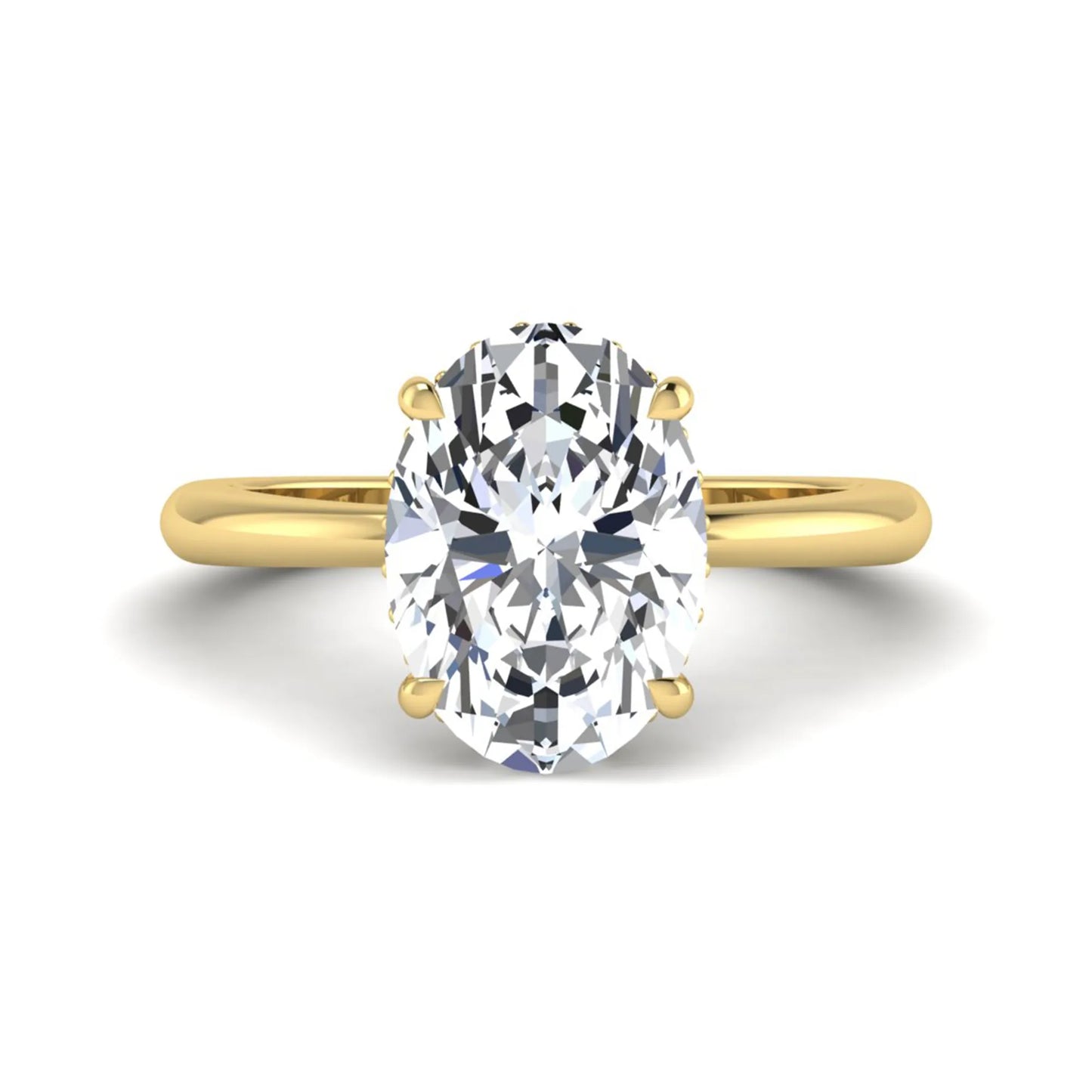 IGI certified oval cut lab grown diamond engagement ring featuring a four-prong setting with a hidden halo of round accent diamonds in yellow  gold tone.