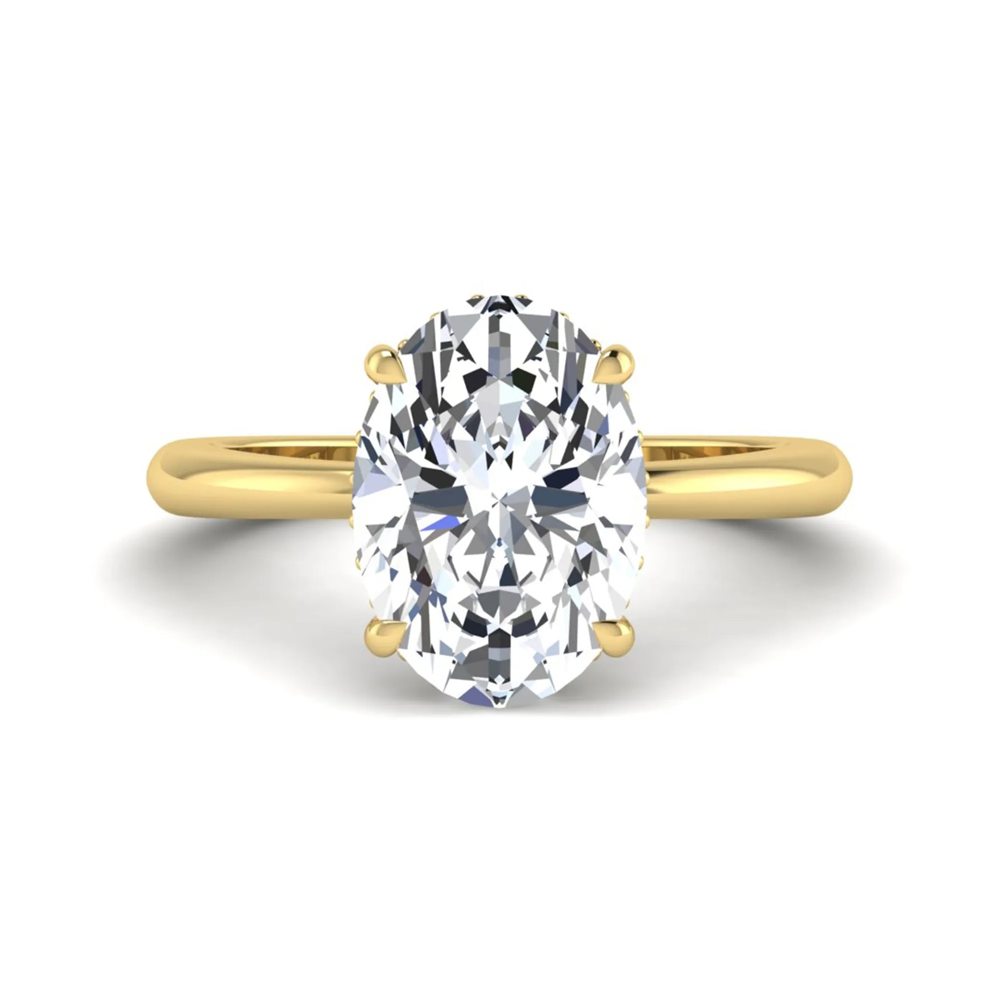 IGI certified oval cut lab grown diamond engagement ring featuring a four-prong setting with a hidden halo of round accent diamonds in yellow  gold tone.