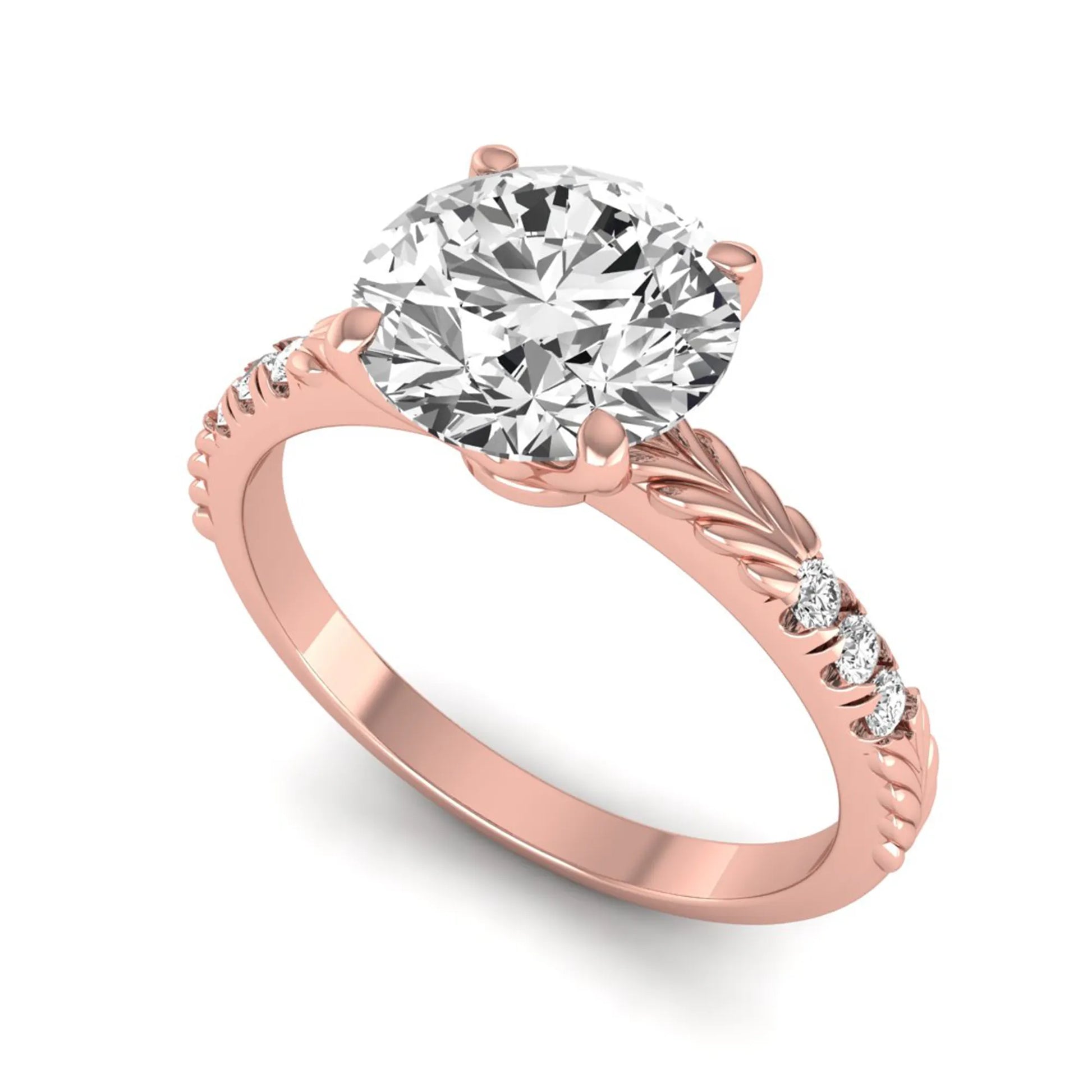 IGI certified round cut lab grown diamond engagement ring with a four-prong setting, vintage leaf-inspired band, and round accent diamonds in rose gold tone.