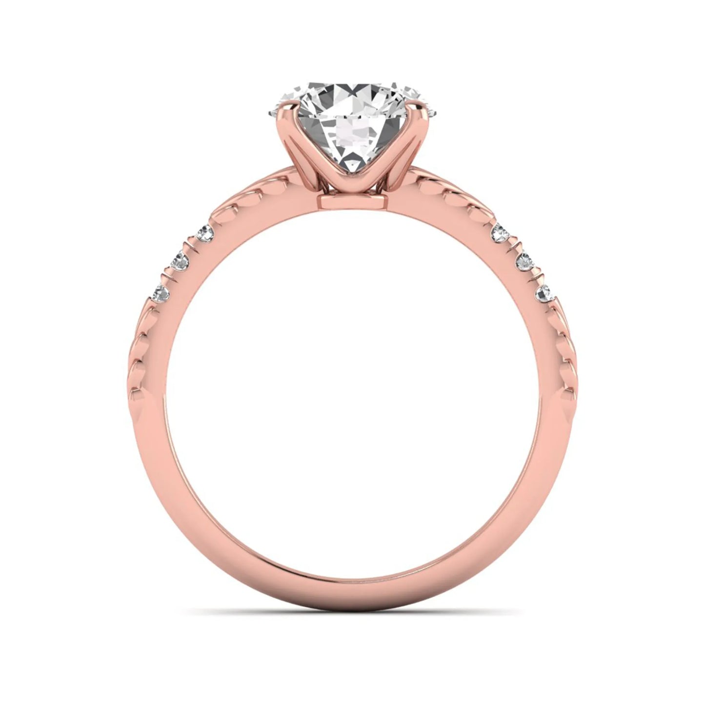 IGI certified round cut lab grown diamond engagement ring with a four-prong setting, vintage leaf-inspired band, and round accent diamonds in rose gold tone.