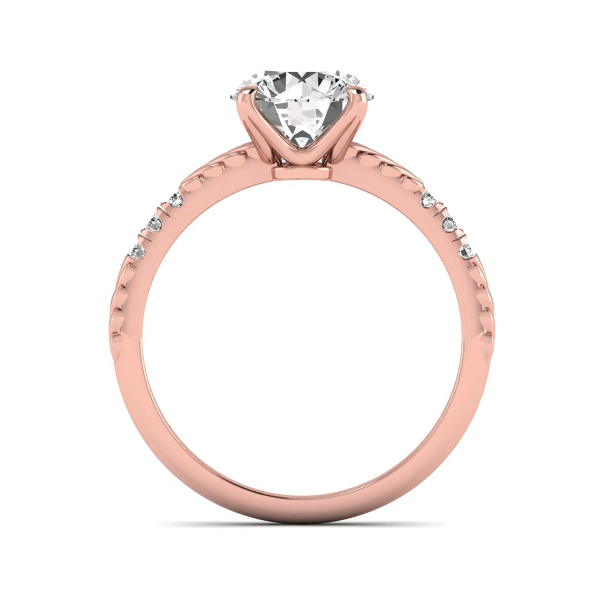 IGI certified round cut lab grown diamond engagement ring with a four-prong setting, vintage leaf-inspired band, and round accent diamonds in rose gold tone.