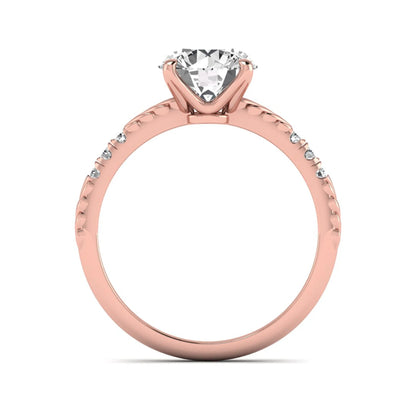 IGI certified round cut lab grown diamond engagement ring with a four-prong setting, vintage leaf-inspired band, and round accent diamonds in rose gold tone.