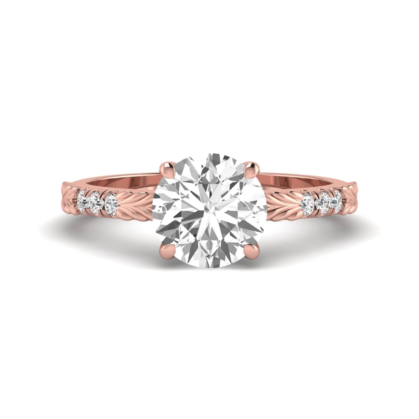 IGI certified round cut lab grown diamond engagement ring with a four-prong setting, vintage leaf-inspired band, and round accent diamonds in rose gold tone.
