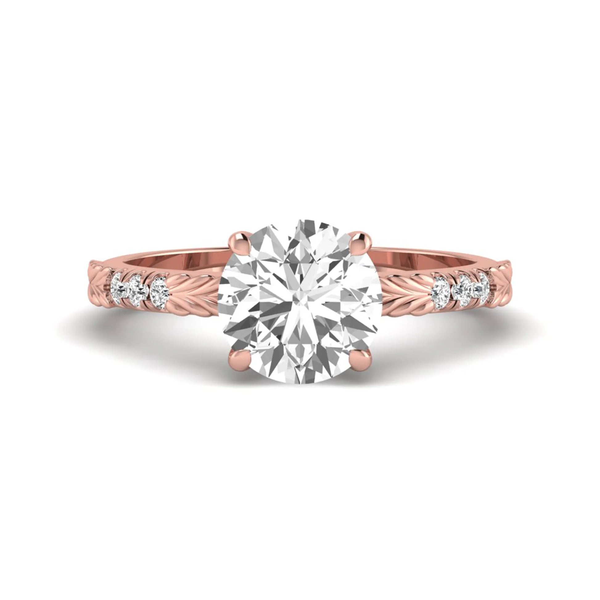 IGI certified round cut lab grown diamond engagement ring with a four-prong setting, vintage leaf-inspired band, and round accent diamonds in rose gold tone.