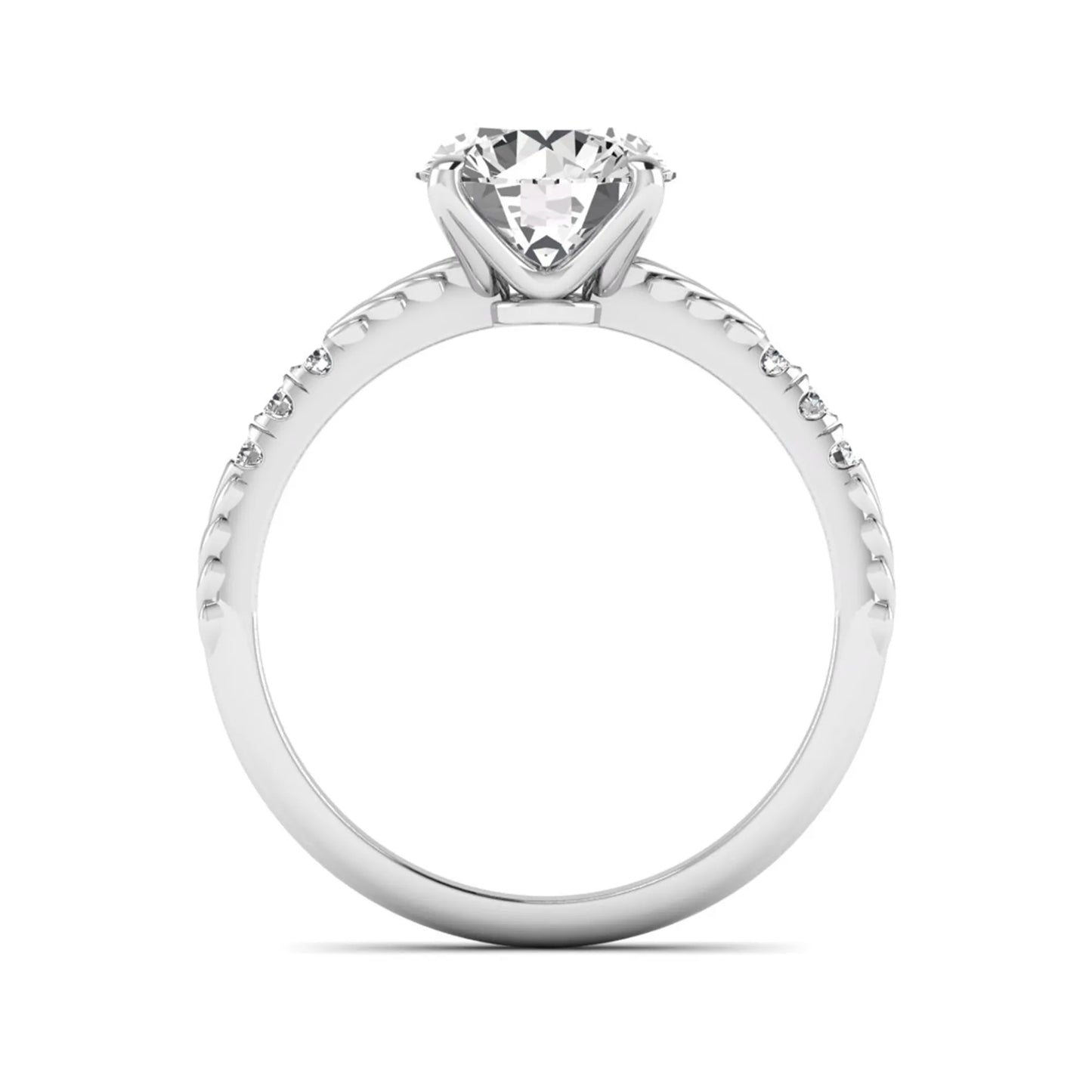 IGI certified round cut lab grown diamond engagement ring with a four-prong setting, vintage leaf-inspired band, and round accent diamonds in white gold tone.