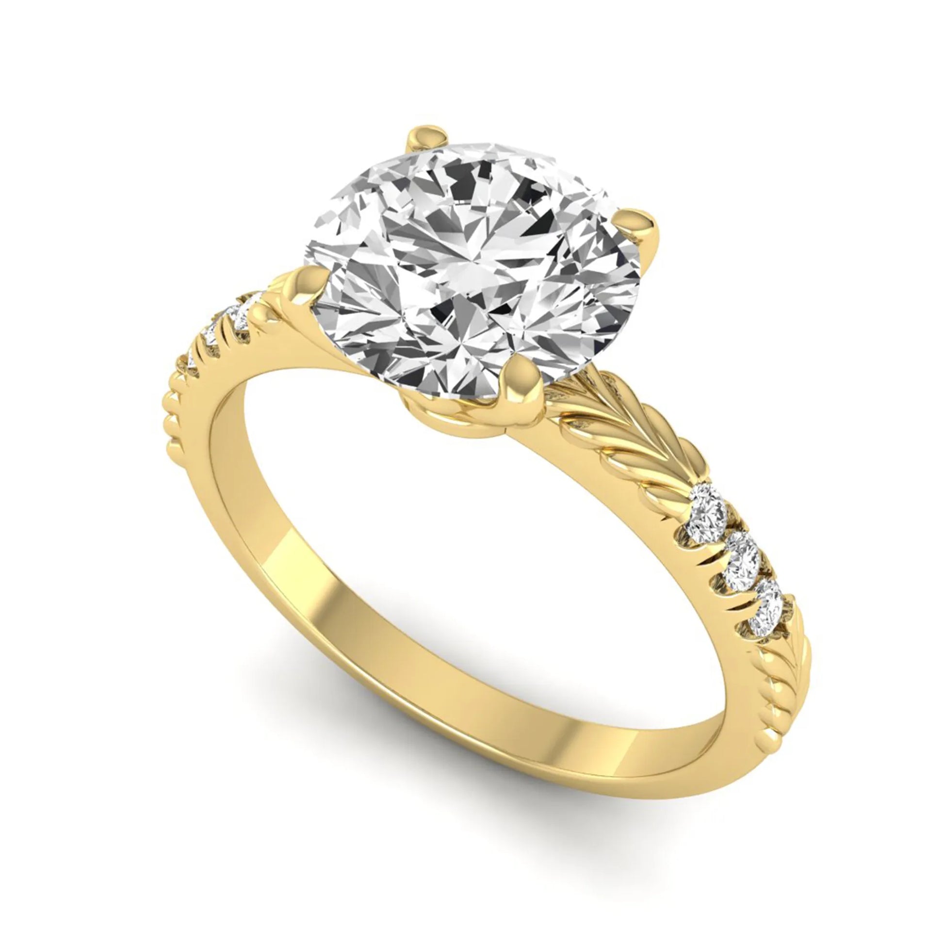 IGI certified round cut lab grown diamond engagement ring with a four-prong setting, vintage leaf-inspired band, and round accent diamonds in yellow gold tone.