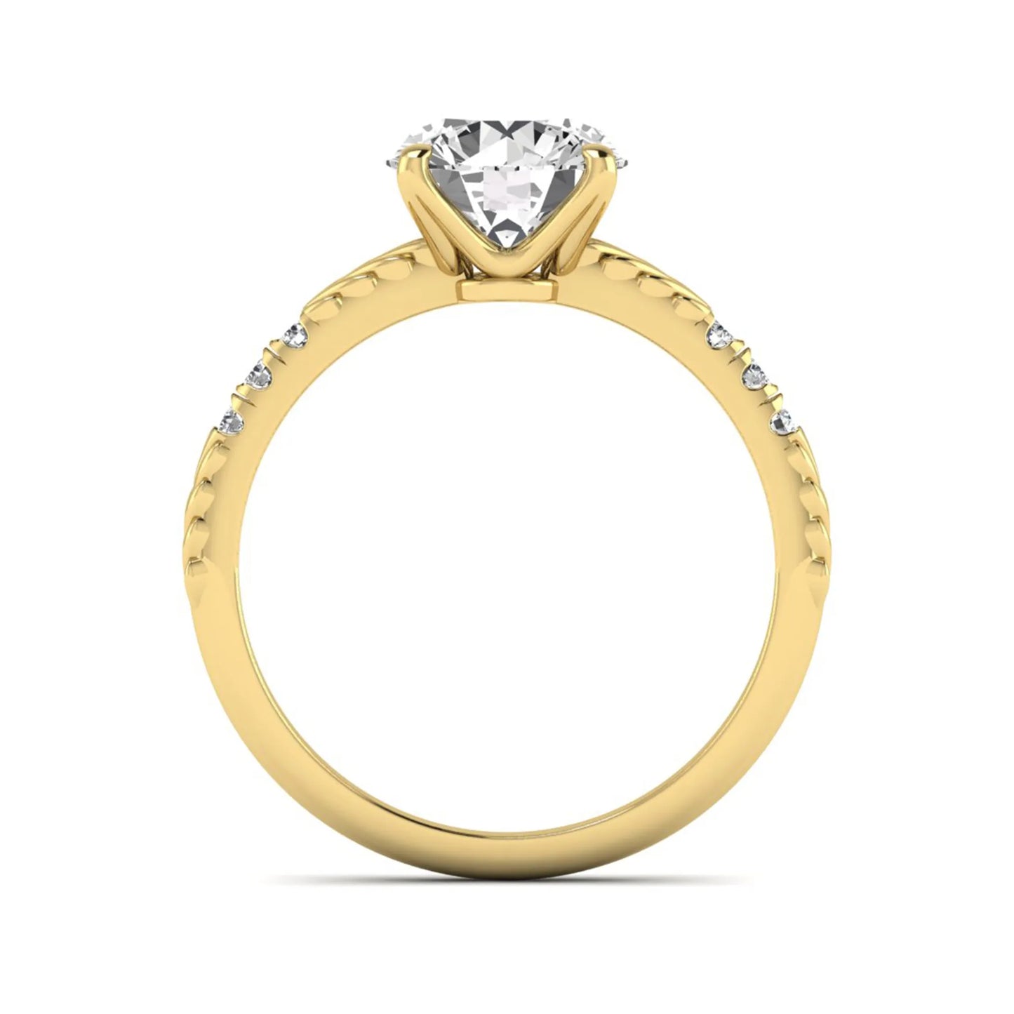 IGI certified round cut lab grown diamond engagement ring with a four-prong setting, vintage leaf-inspired band, and round accent diamonds in yellow gold tone.