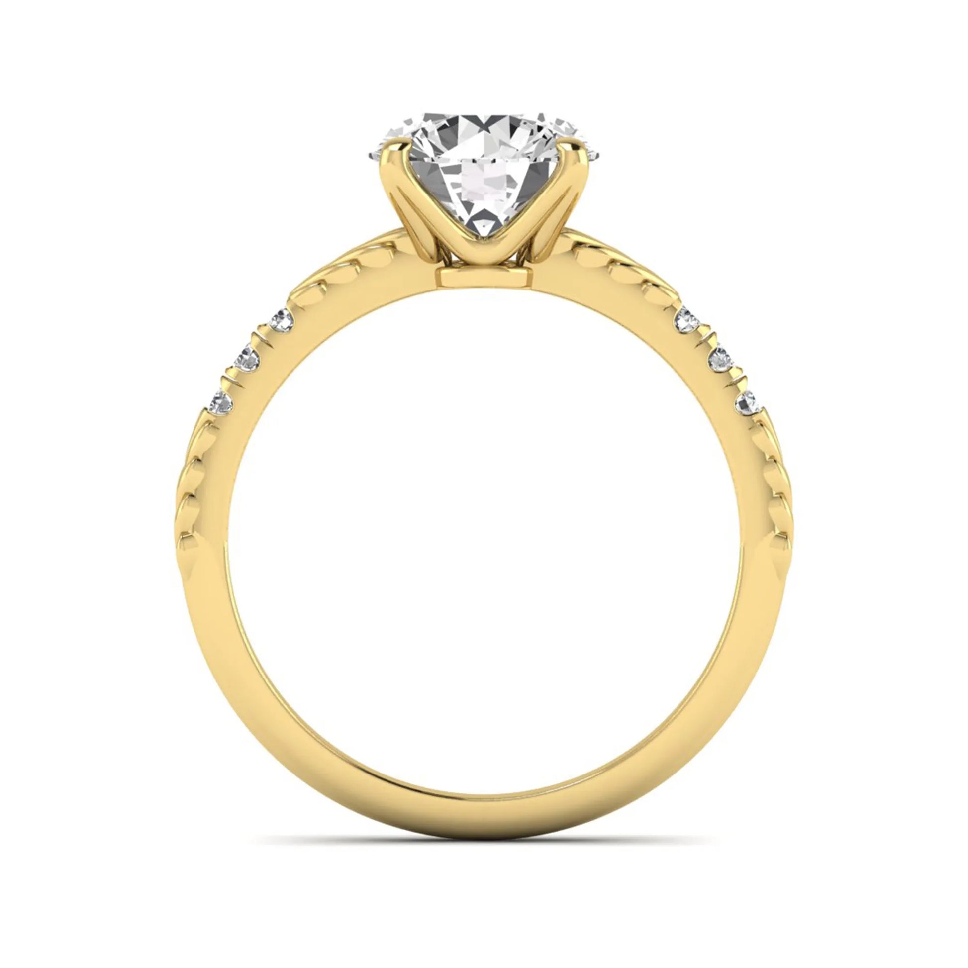 IGI certified round cut lab grown diamond engagement ring with a four-prong setting, vintage leaf-inspired band, and round accent diamonds in yellow gold tone.