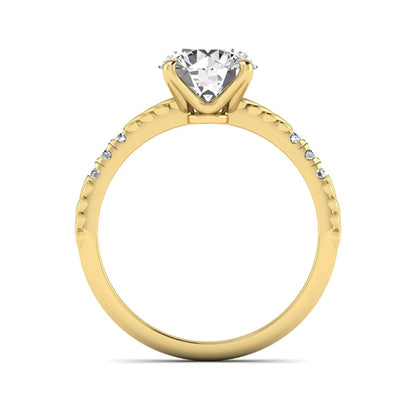 IGI certified round cut lab grown diamond engagement ring with a four-prong setting, vintage leaf-inspired band, and round accent diamonds in yellow gold tone.