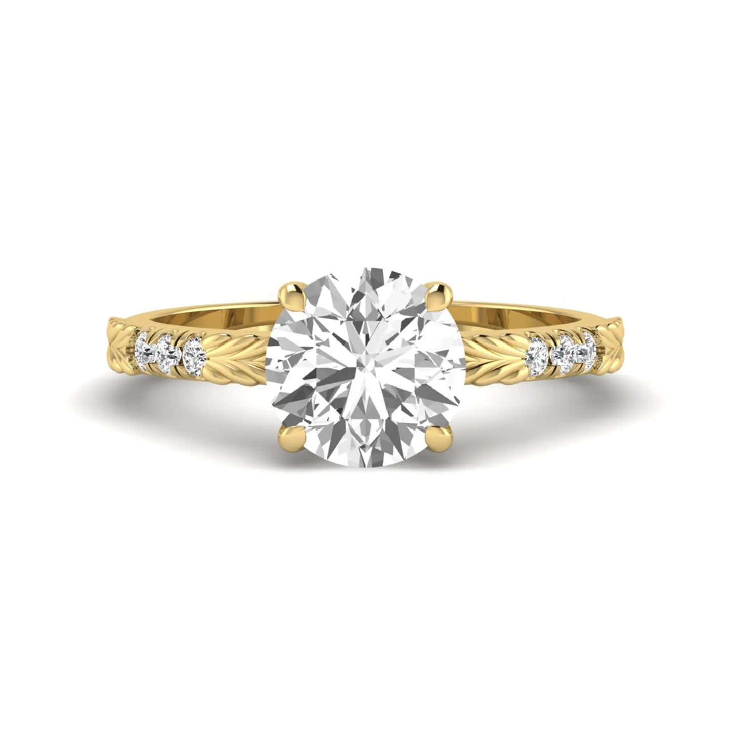 IGI certified round cut lab grown diamond engagement ring with a four-prong setting, vintage leaf-inspired band, and round accent diamonds in yellow gold tone.