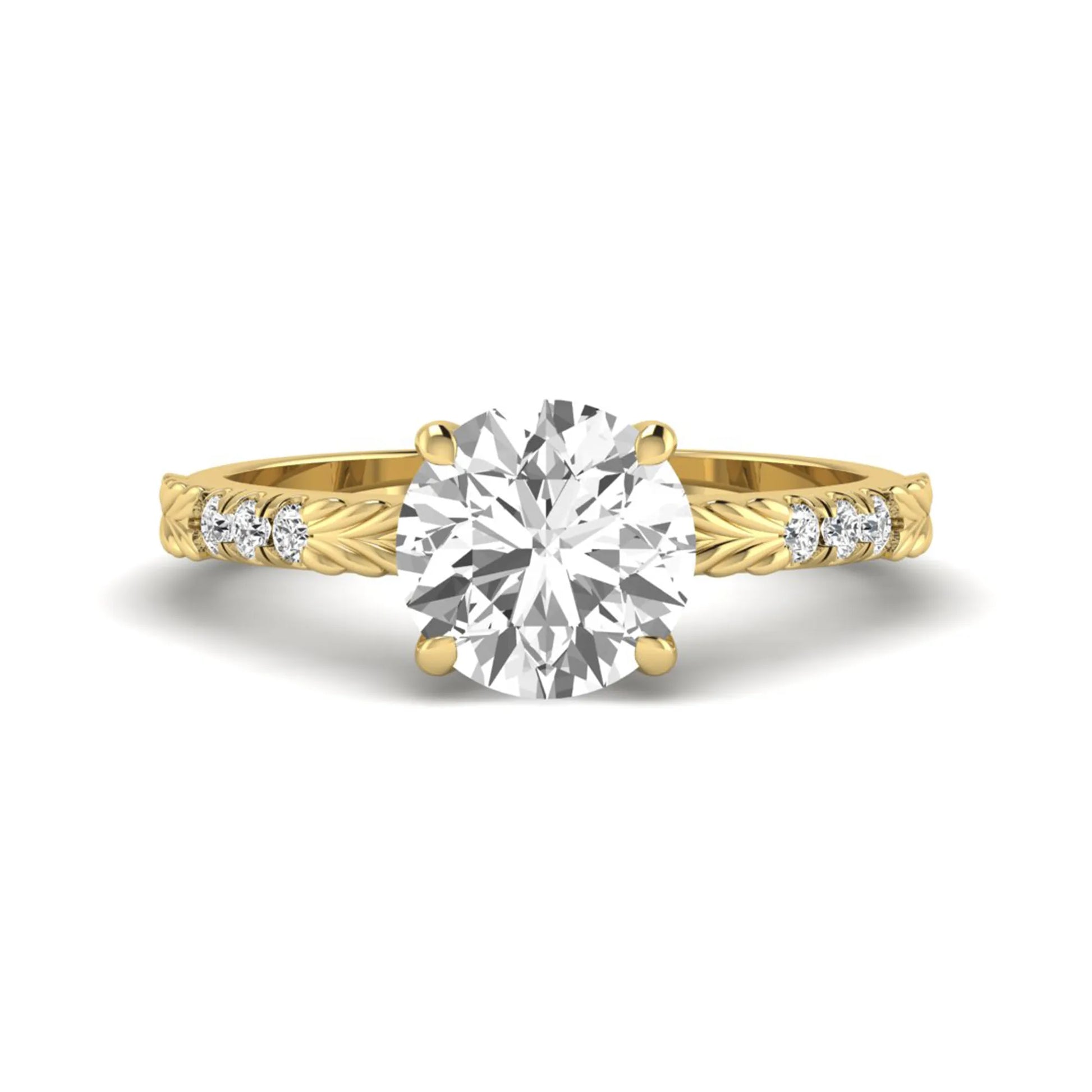 IGI certified round cut lab grown diamond engagement ring with a four-prong setting, vintage leaf-inspired band, and round accent diamonds in yellow gold tone.