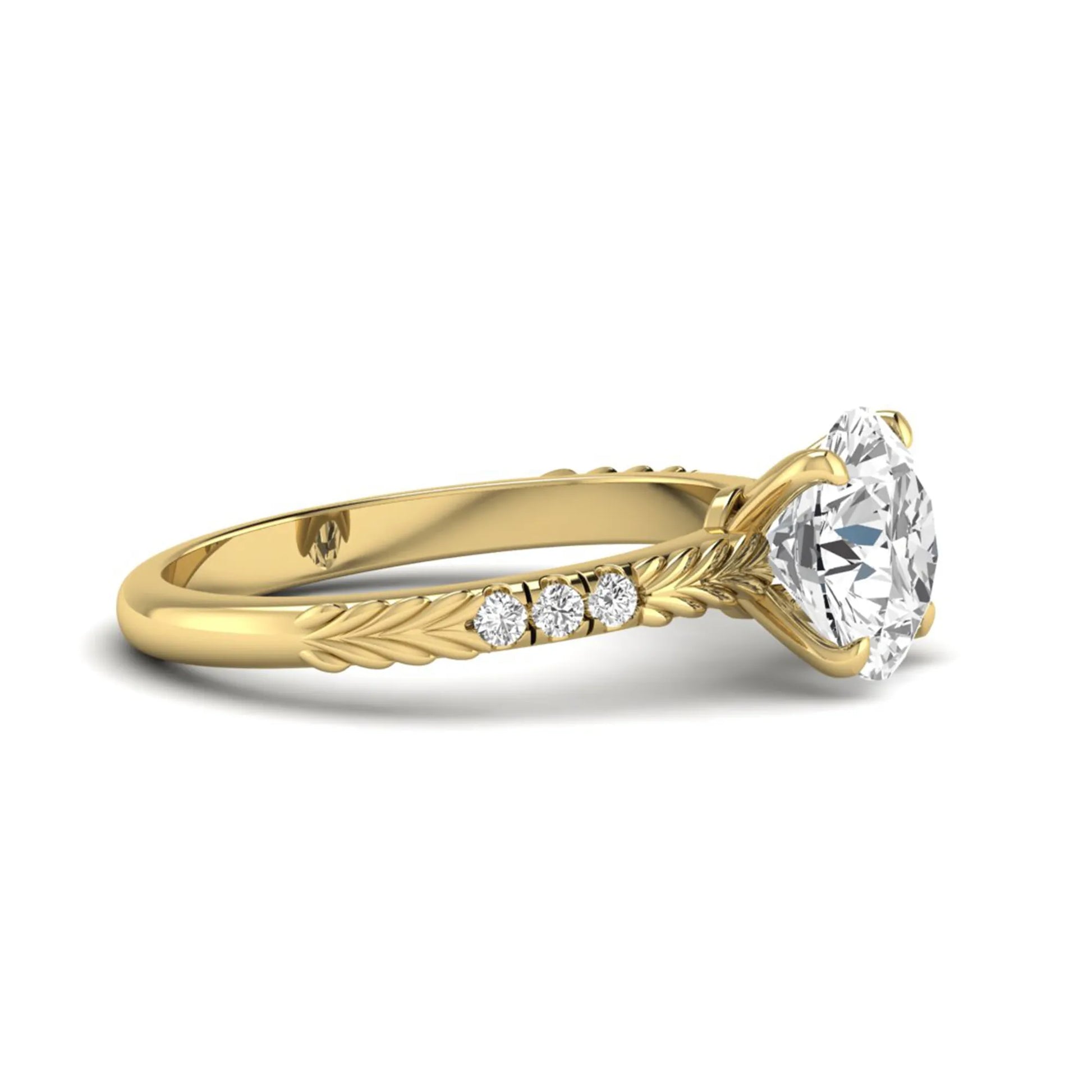 IGI certified round cut lab grown diamond engagement ring with a four-prong setting, vintage leaf-inspired band, and round accent diamonds in yellow gold tone.
