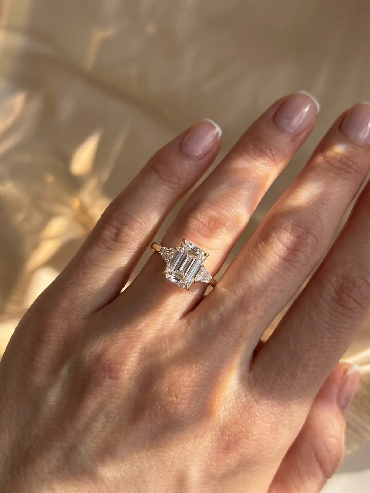 5 Carat Emerald Cut Lab Grown Diamond Three Stone Engagement Ring