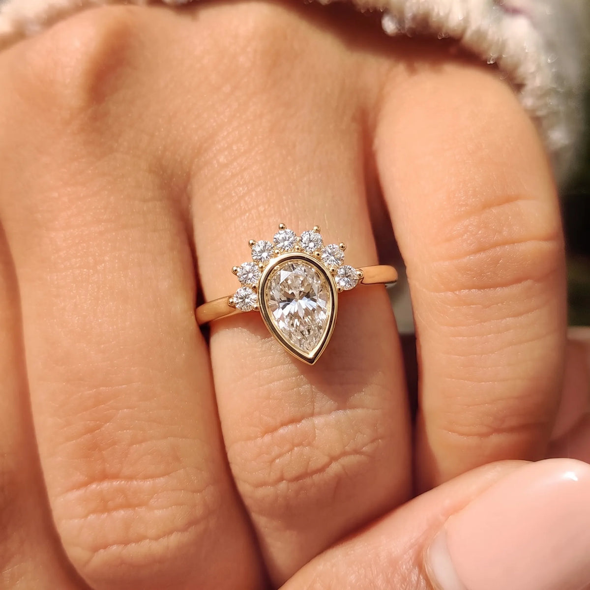Bezel Set Pear Cut Lab Grown Diamond Half Halo Engagement Ring