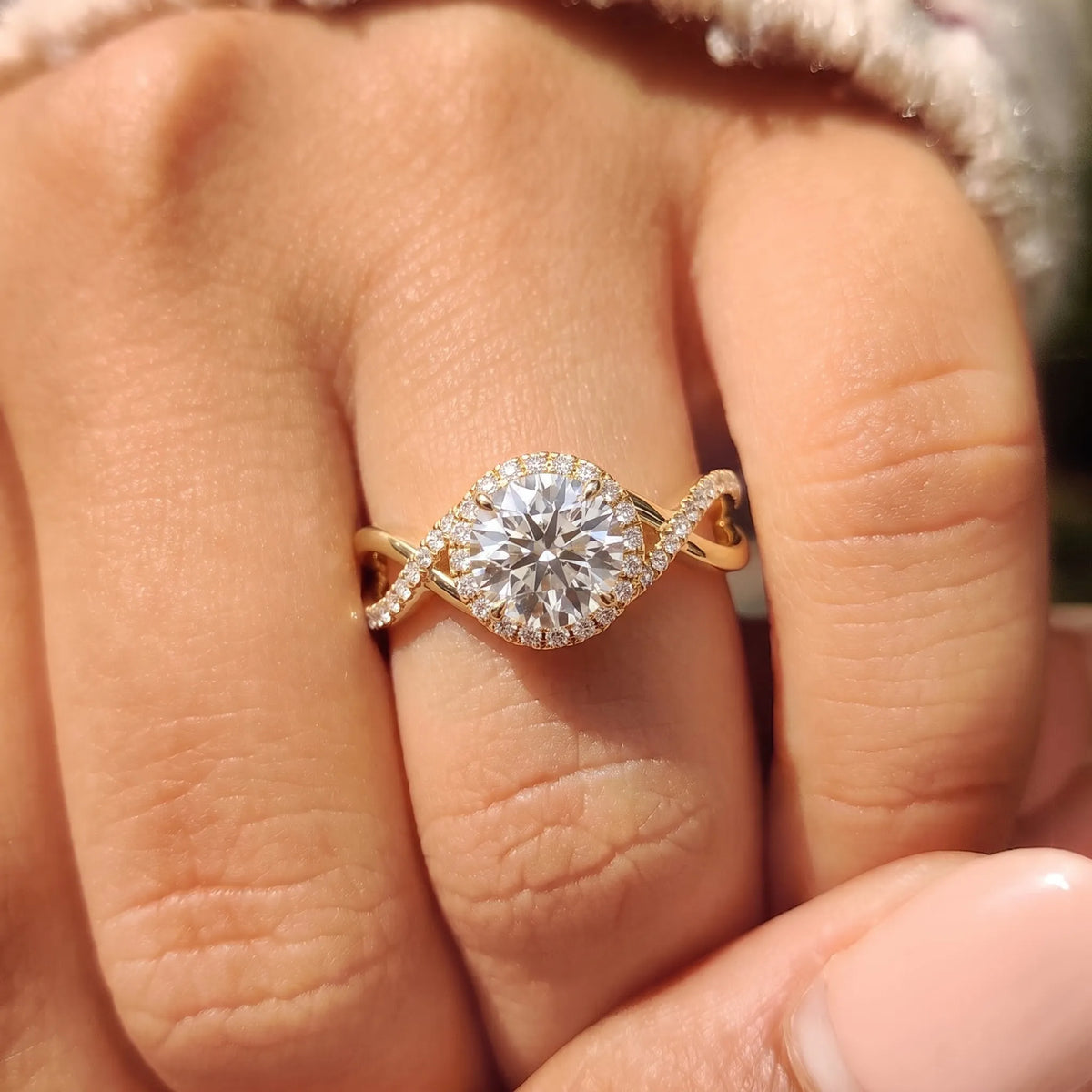 2 Carat Round Halo Lab Grown Diamond Split Shank Pave Engagement Ring