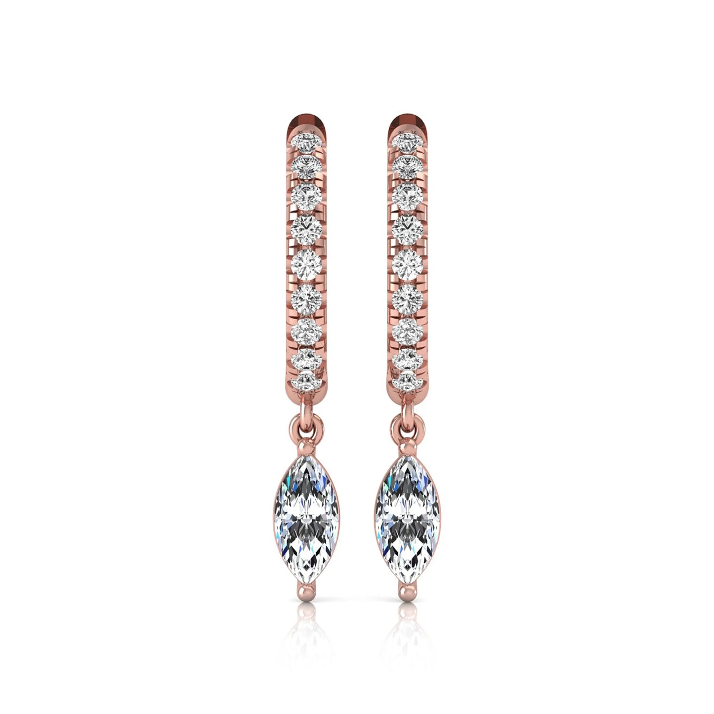 rose gold Marquise cut lab grown diamond hoop drop earrings with round diamond accents and hinged hoop closur