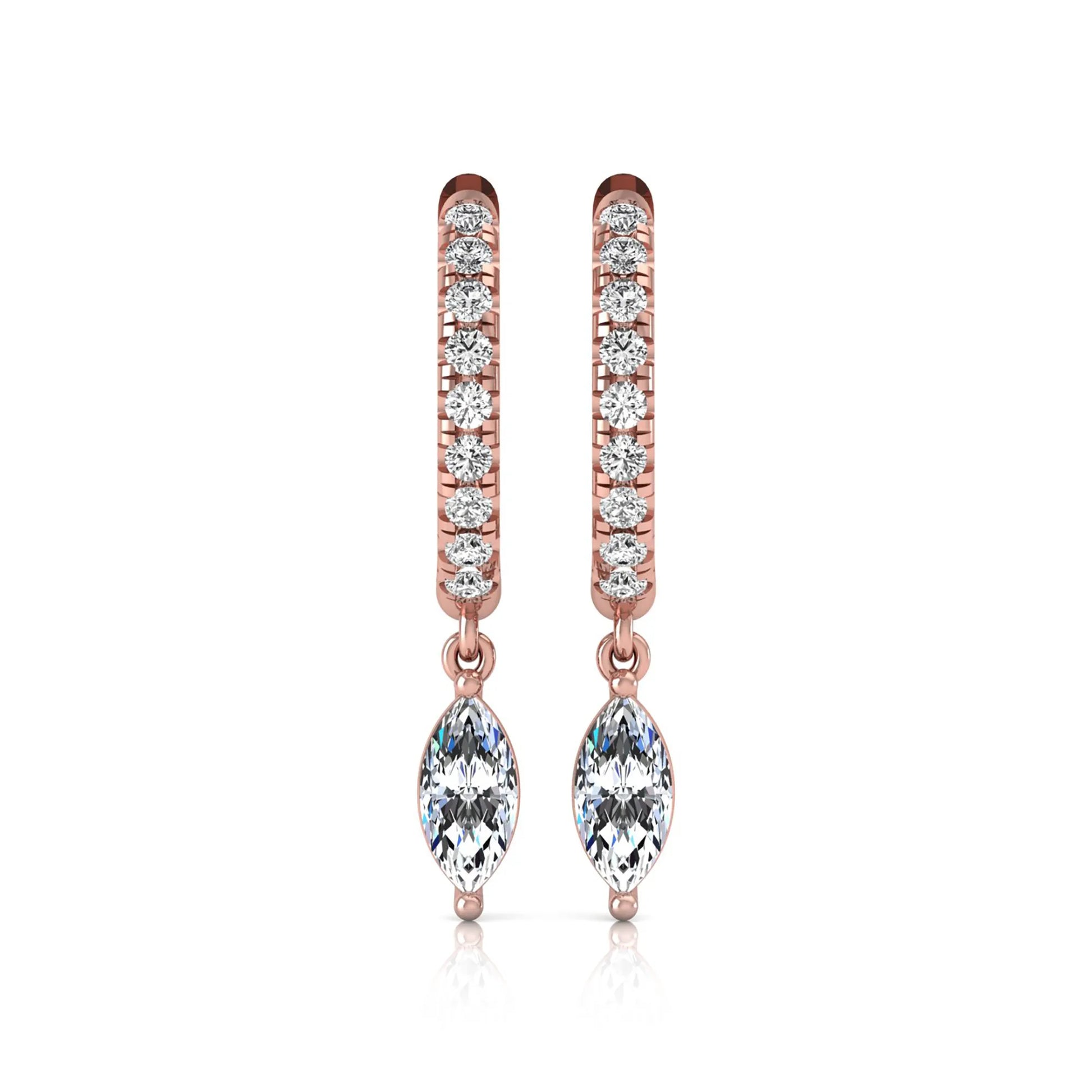 rose gold Marquise cut lab grown diamond hoop drop earrings with round diamond accents and hinged hoop closur