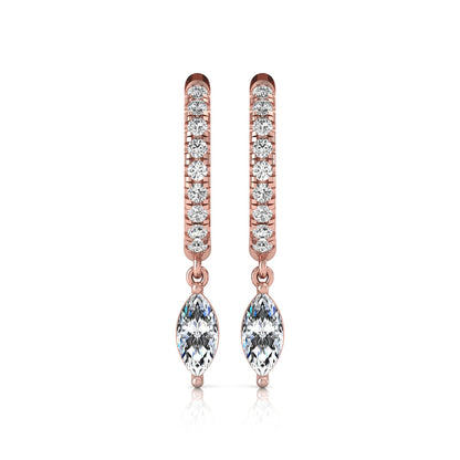 rose gold Marquise cut lab grown diamond hoop drop earrings with round diamond accents and hinged hoop closur