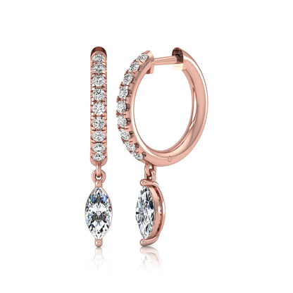 rose gold Marquise cut lab grown diamond hoop drop earrings with round diamond accents and hinged hoop closur