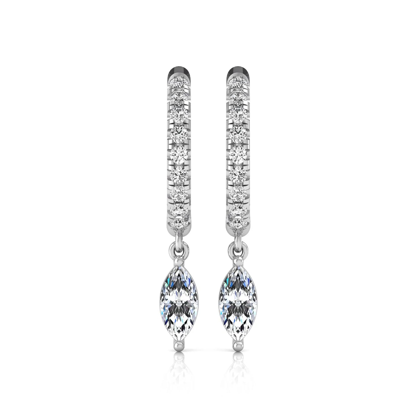 white gold Marquise cut lab grown diamond hoop drop earrings with round diamond accents and hinged hoop closur
