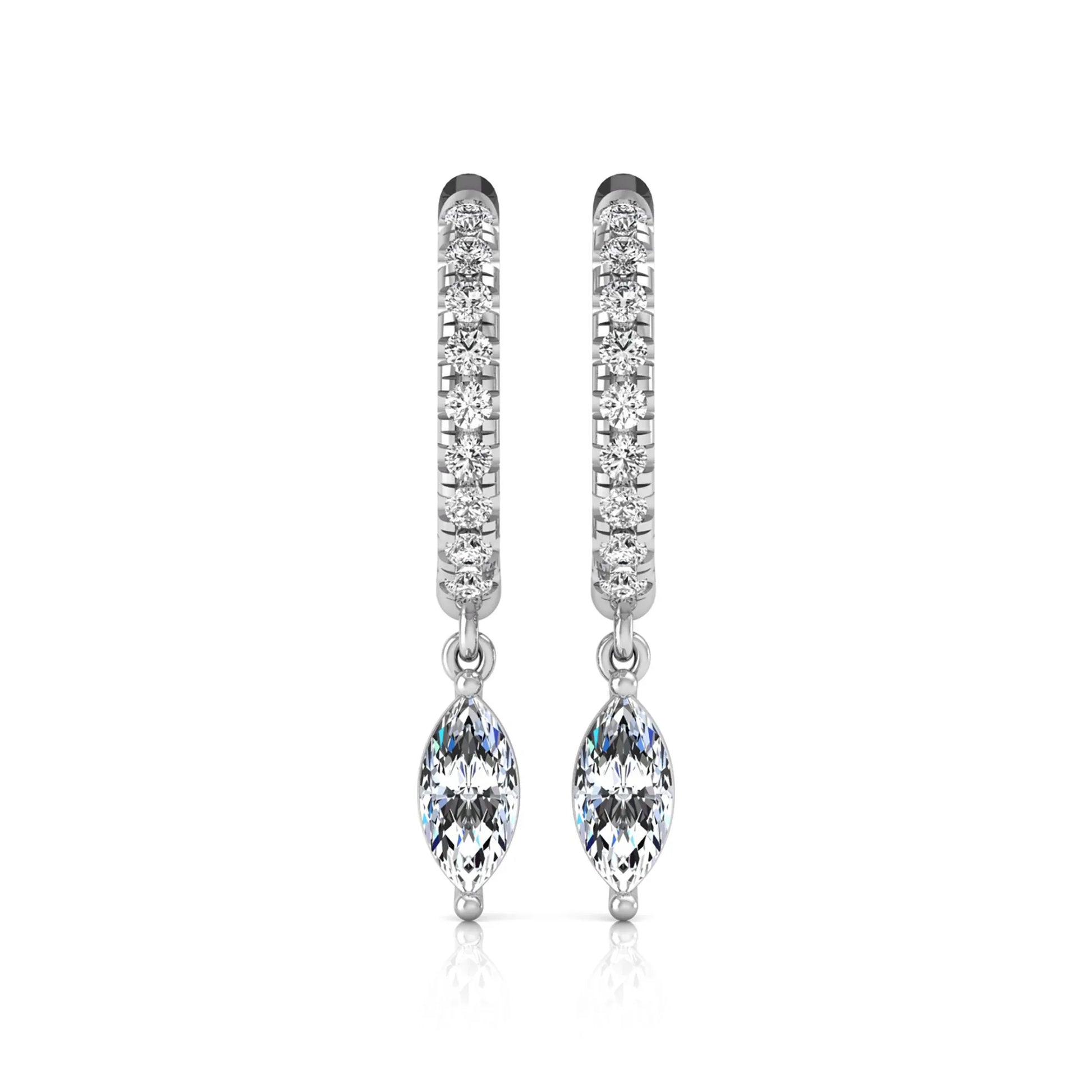 white gold Marquise cut lab grown diamond hoop drop earrings with round diamond accents and hinged hoop closur