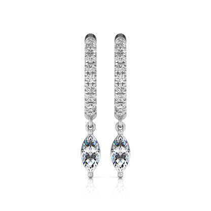 white gold Marquise cut lab grown diamond hoop drop earrings with round diamond accents and hinged hoop closur