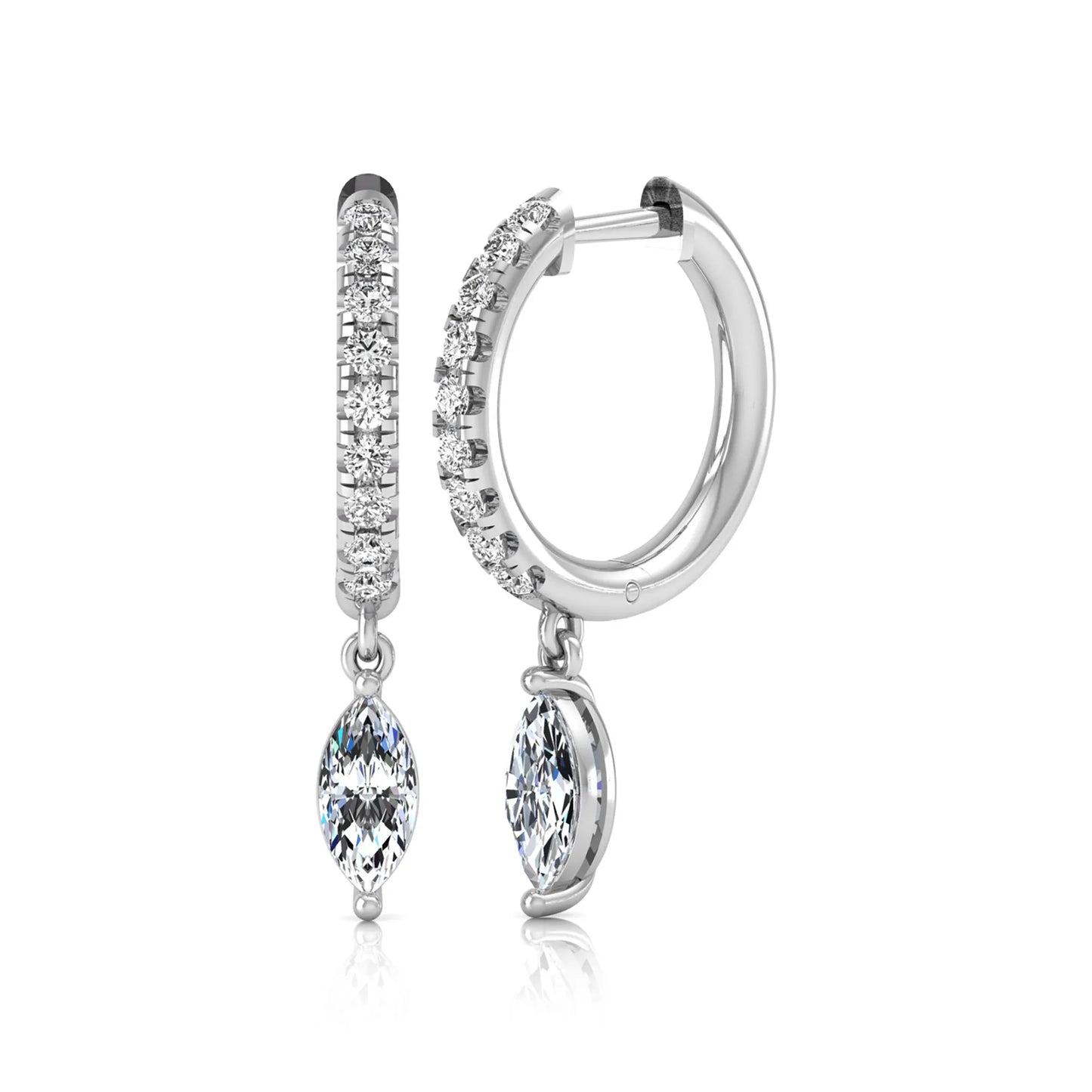white gold Marquise cut lab grown diamond hoop drop earrings with round diamond accents and hinged hoop closur
