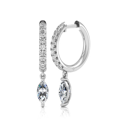 white gold Marquise cut lab grown diamond hoop drop earrings with round diamond accents and hinged hoop closur