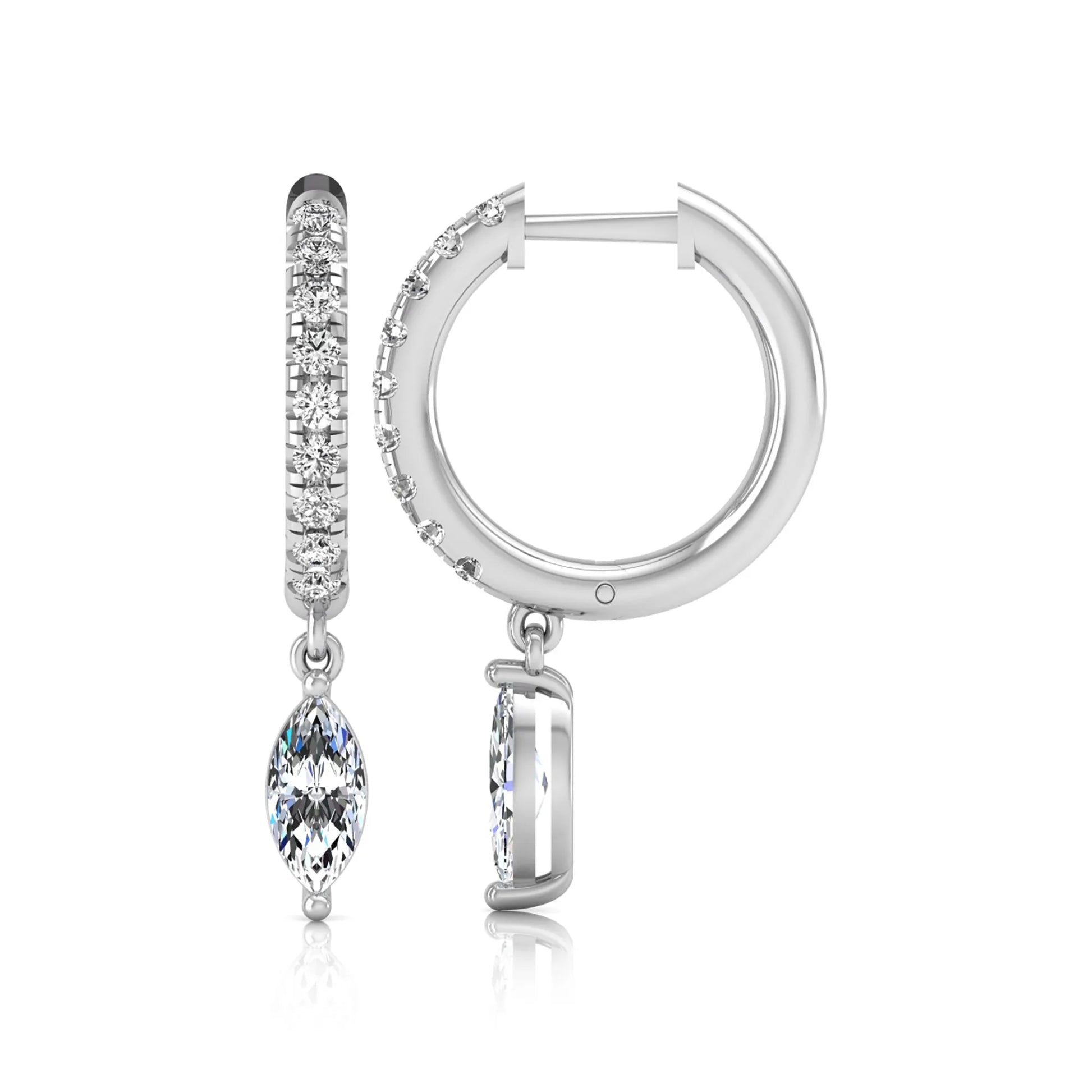 white gold Marquise cut lab grown diamond hoop drop earrings with round diamond accents and hinged hoop closur