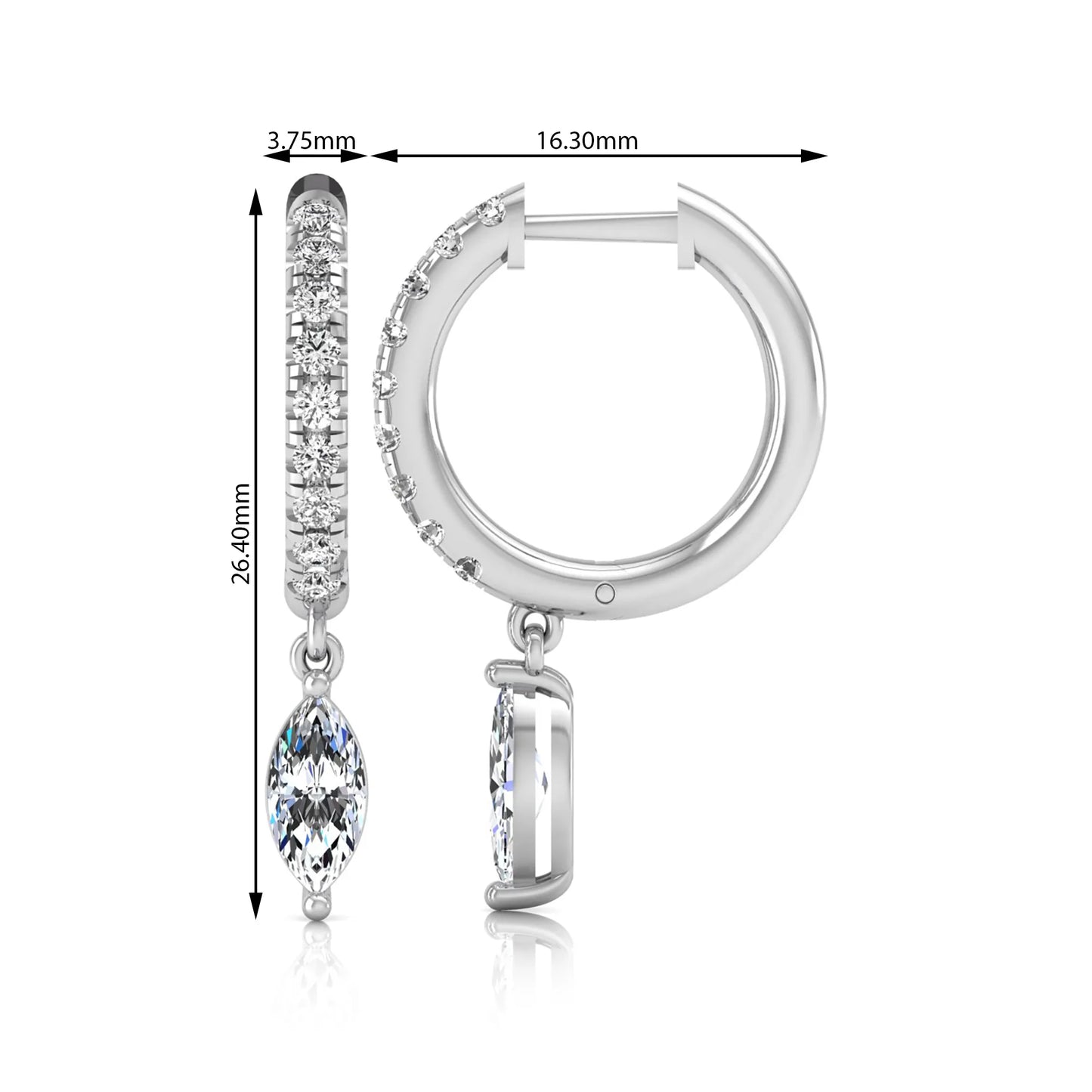 white gold Marquise cut lab grown diamond hoop drop earrings with round diamond accents and hinged hoop closur