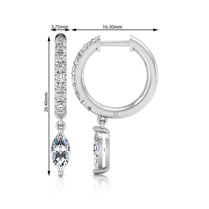 white gold Marquise cut lab grown diamond hoop drop earrings with round diamond accents and hinged hoop closur