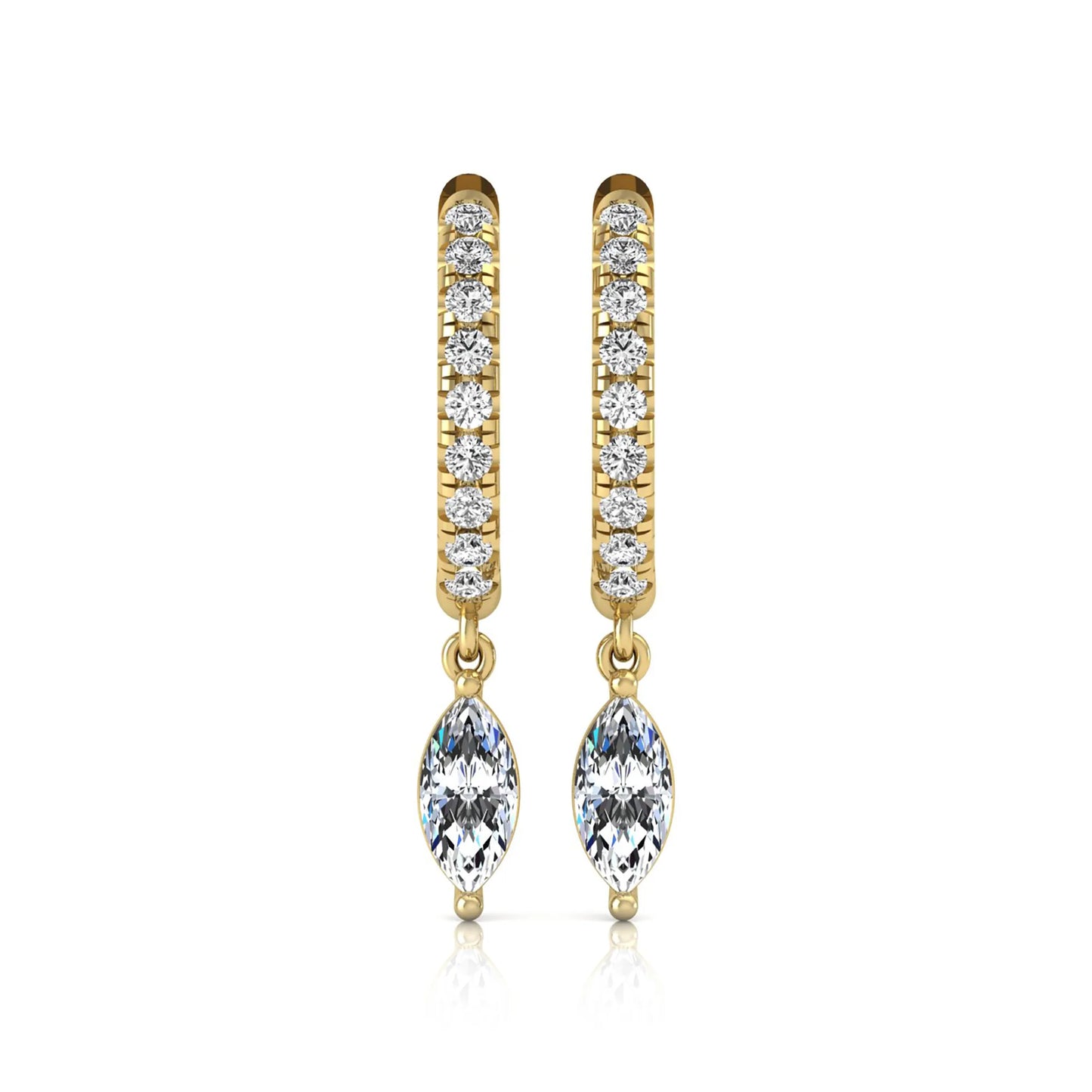yellow gold Marquise cut lab grown diamond hoop drop earrings with round diamond accents and hinged hoop closur