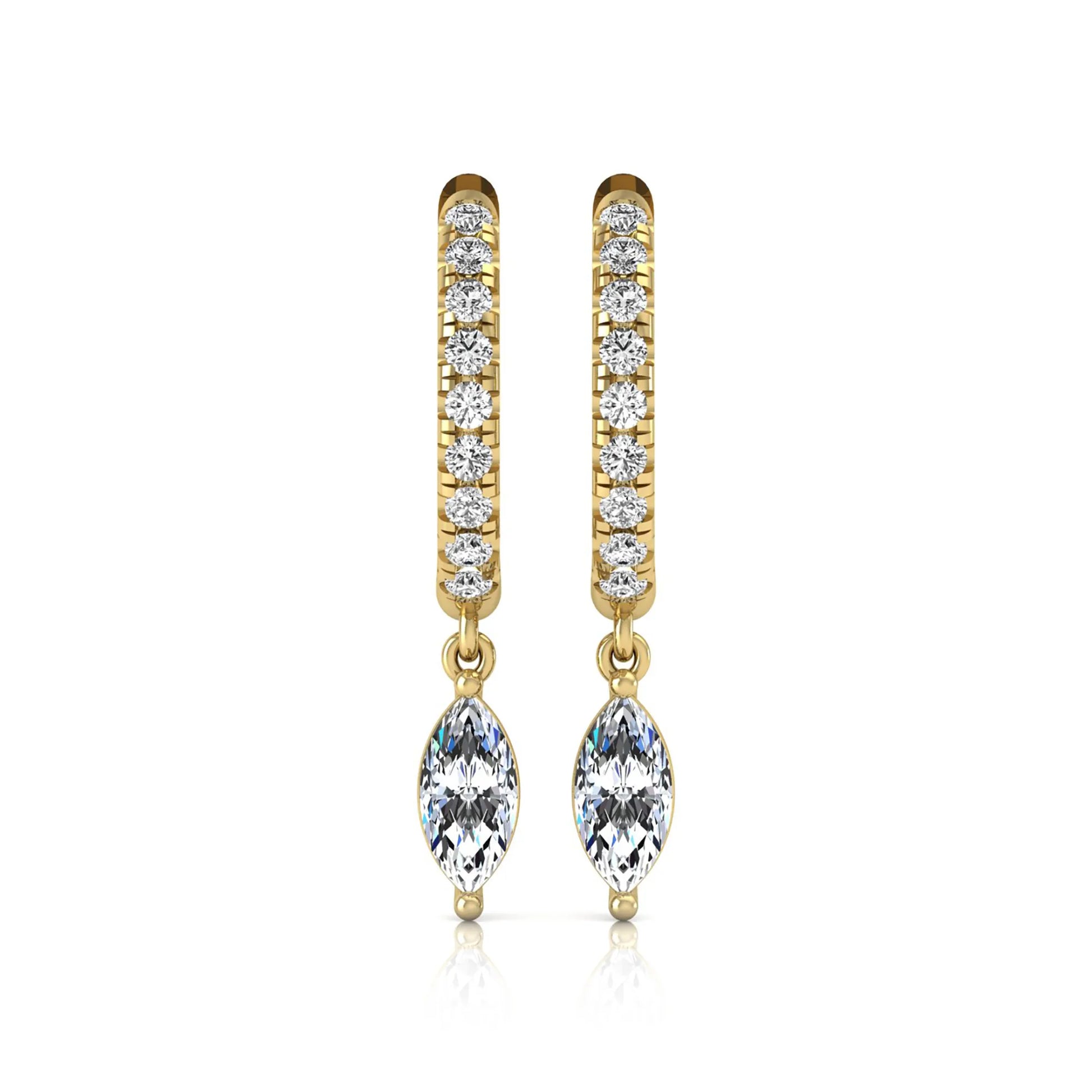 yellow gold Marquise cut lab grown diamond hoop drop earrings with round diamond accents and hinged hoop closur