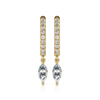 yellow gold Marquise cut lab grown diamond hoop drop earrings with round diamond accents and hinged hoop closur