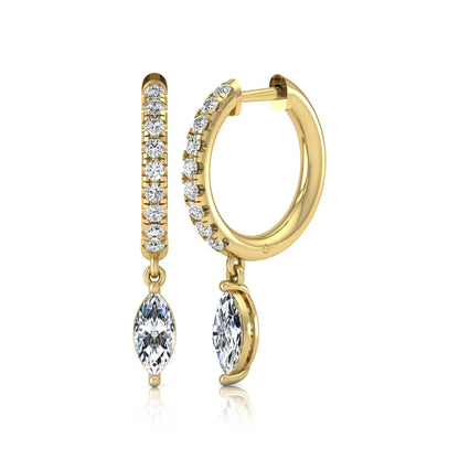yellow gold Marquise cut lab grown diamond hoop drop earrings with round diamond accents and hinged hoop closur