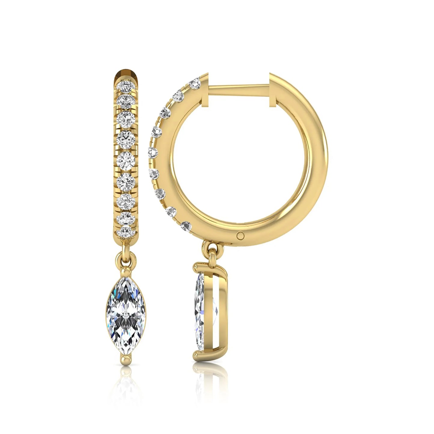 yellow gold Marquise cut lab grown diamond hoop drop earrings with round diamond accents and hinged hoop closur