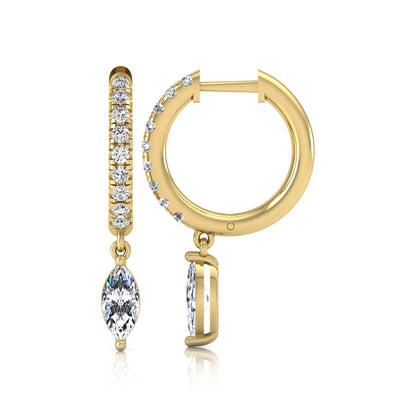 yellow gold Marquise cut lab grown diamond hoop drop earrings with round diamond accents and hinged hoop closur