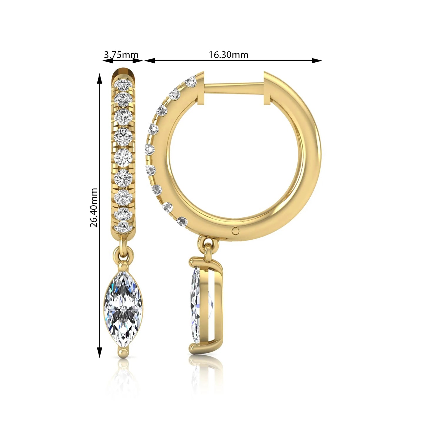 yellow gold Marquise cut lab grown diamond hoop drop earrings with round diamond accents and hinged hoop closur