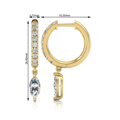 yellow gold Marquise cut lab grown diamond hoop drop earrings with round diamond accents and hinged hoop closur