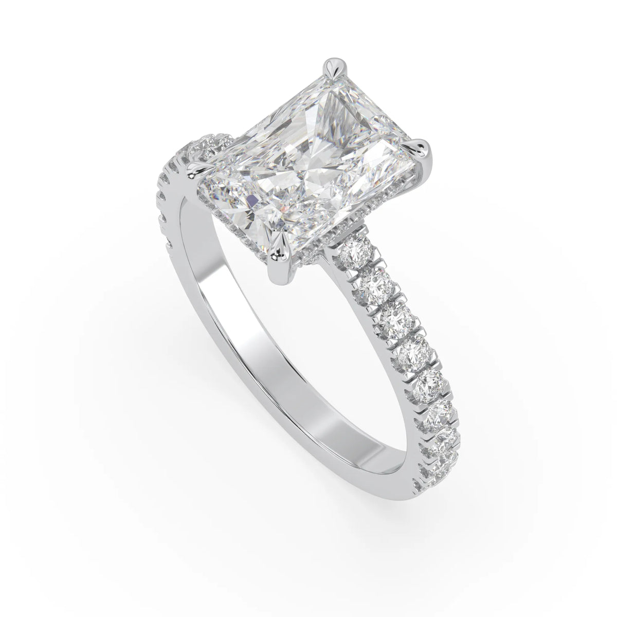 3.50 Carat Radiant Hidden Halo Lab Grown Diamond Pave Engagement Ring