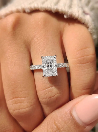 3.50 Carat Radiant Hidden Halo Lab Grown Diamond Pave Engagement Ring
