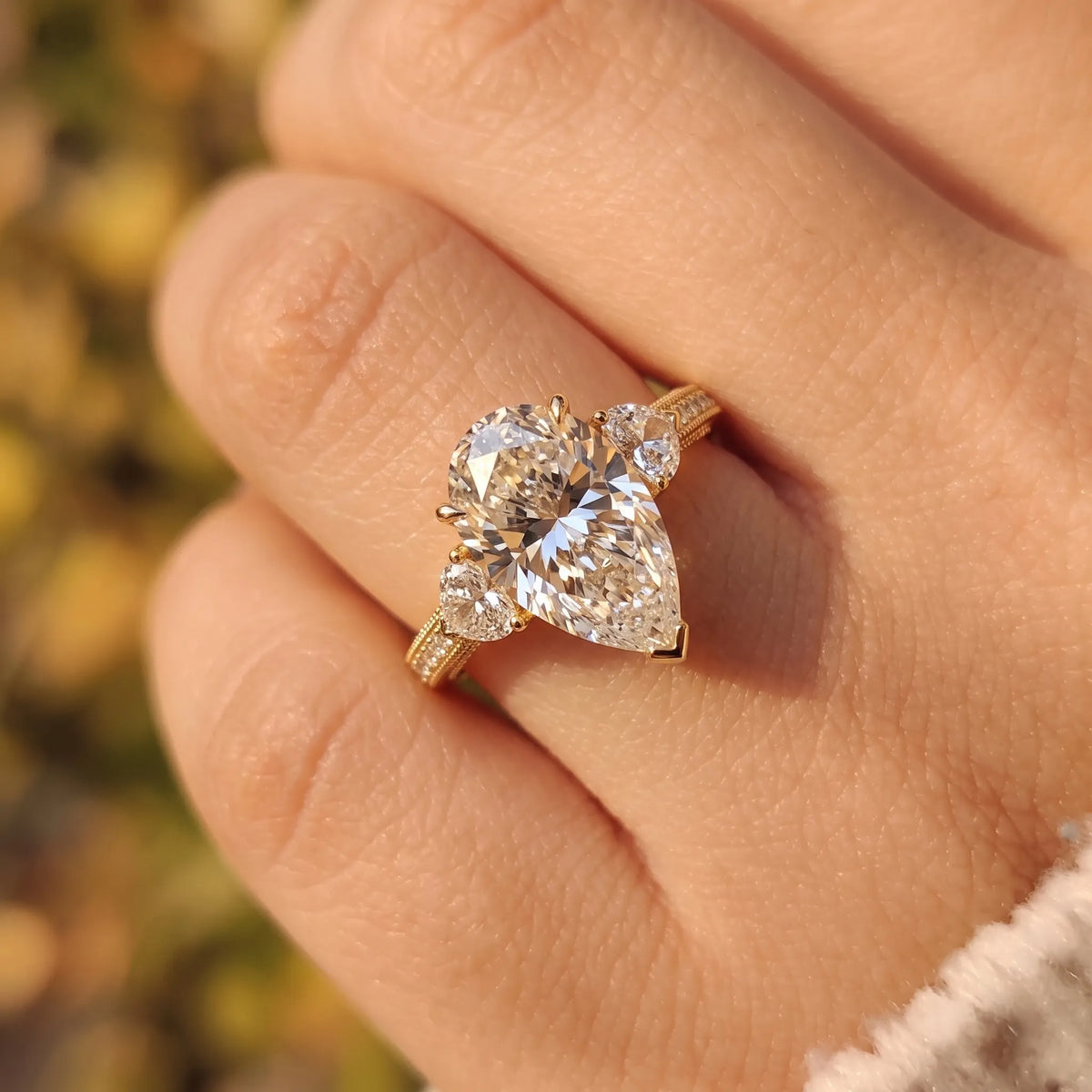 6.50 Carat Pear Three Stone Pave Lab Grown Diamond Cocktail Ring