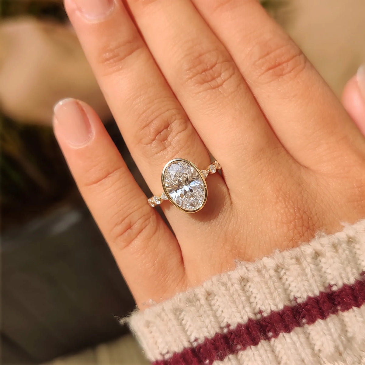 3.50 Carat Bezel Set Oval Lab Grown Diamond Pave Engagement Ring