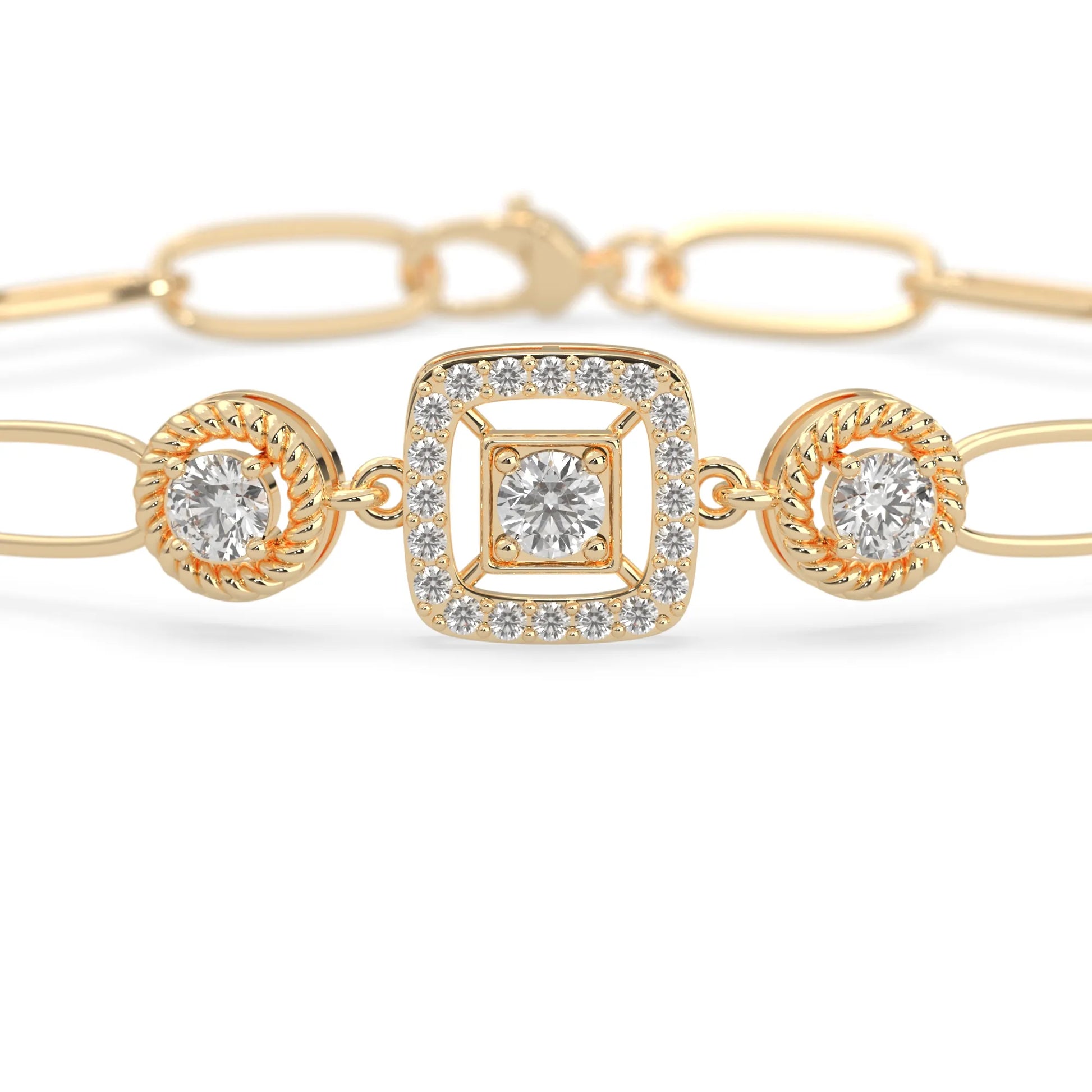 yellow Gold bracelet with lab grown diamond accents on a white background