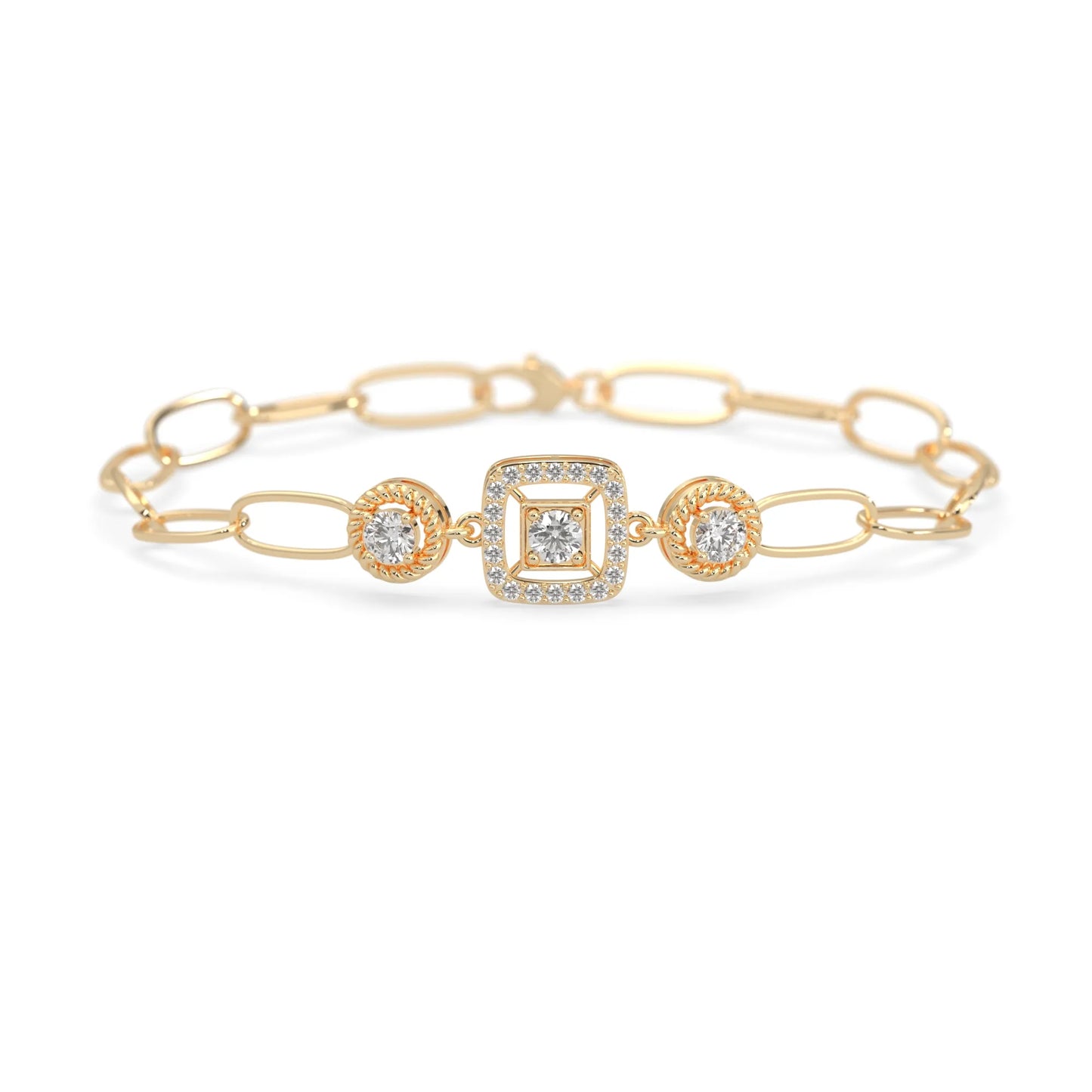 yellow Gold bracelet with lab grown diamond accents on a white background