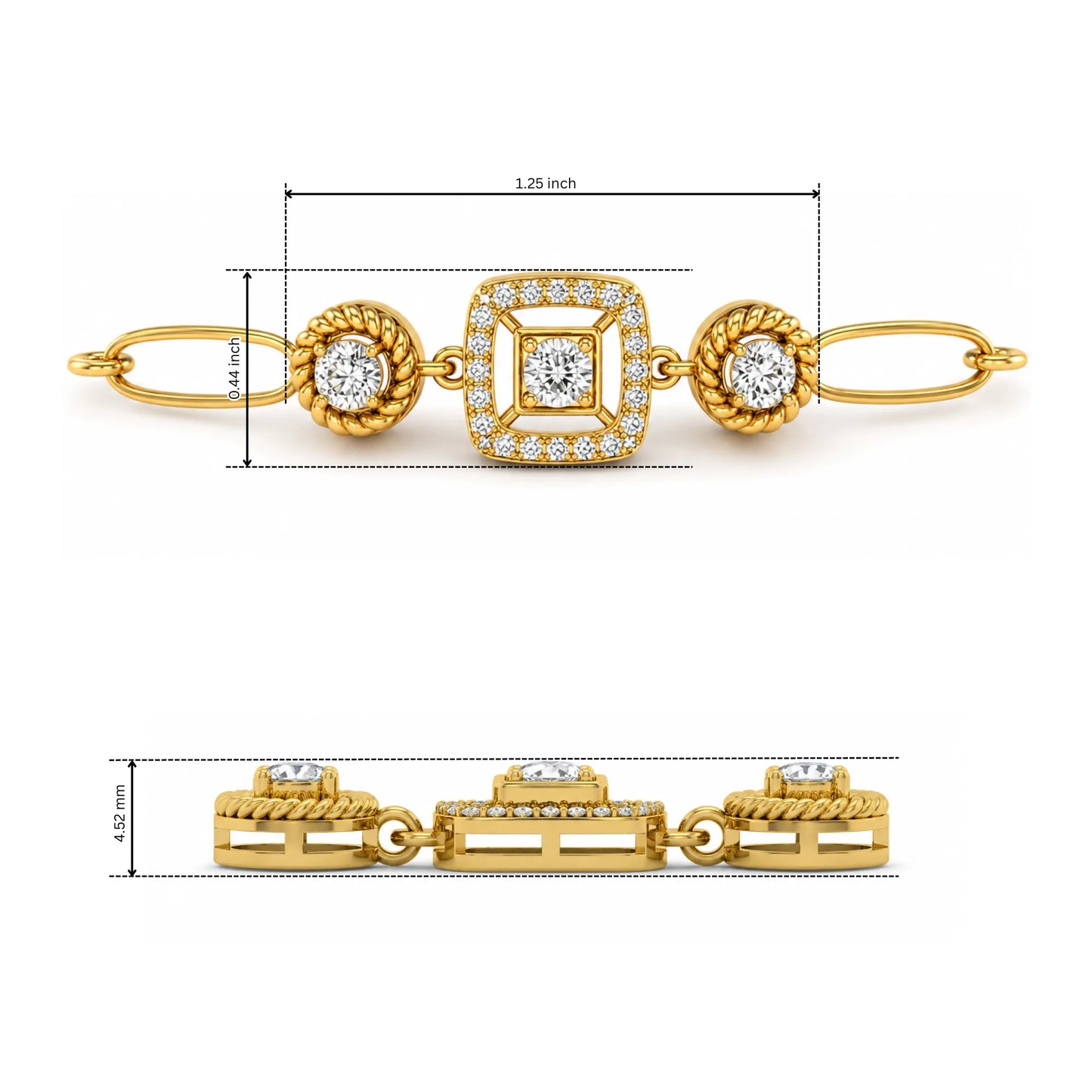yellow-Gold rose-gold white-gold  bracelet with diamond accents and measurements on a white background