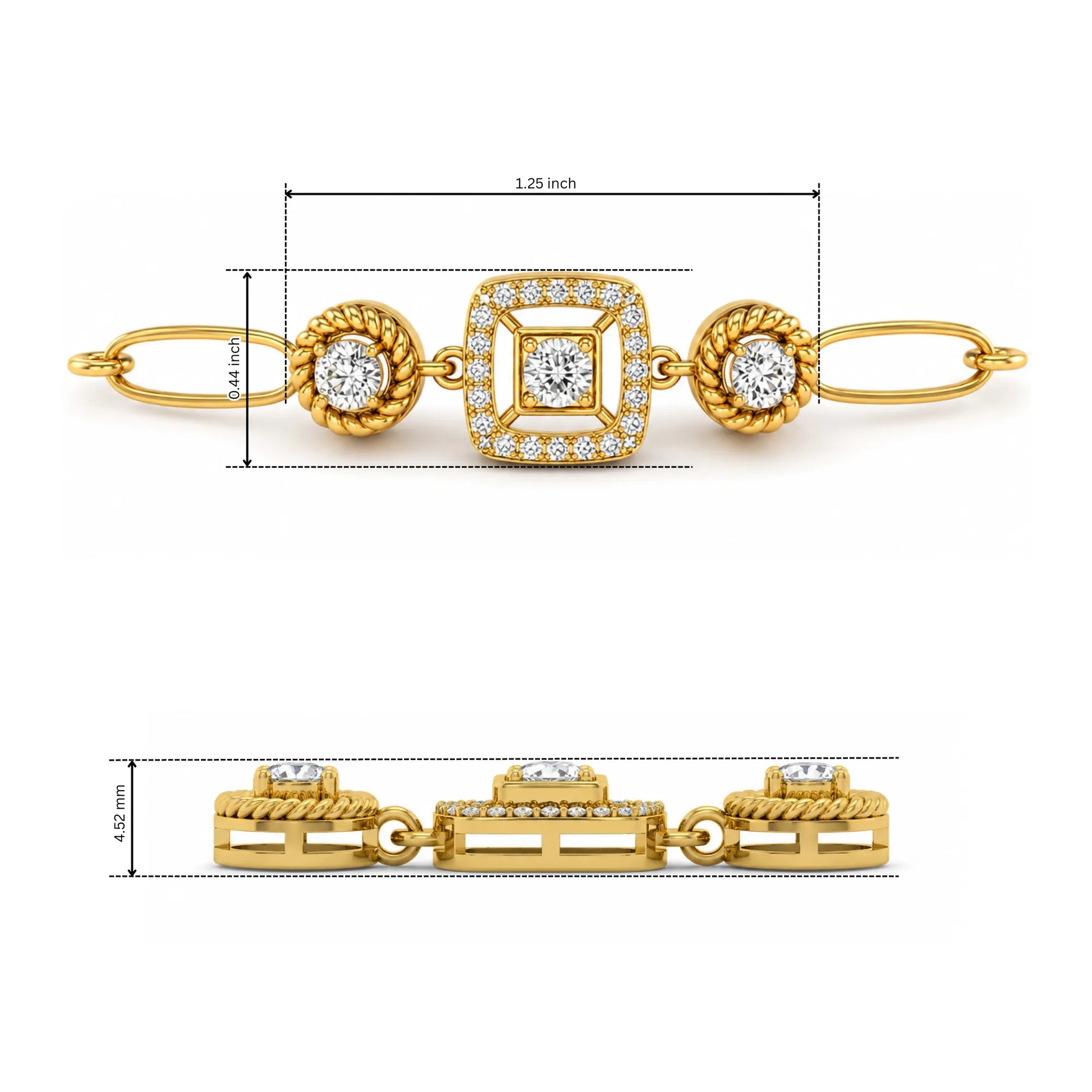 yellow-Gold rose-gold white-gold  bracelet with diamond accents and measurements on a white background