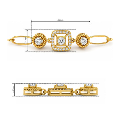 yellow-Gold rose-gold white-gold  bracelet with diamond accents and measurements on a white background