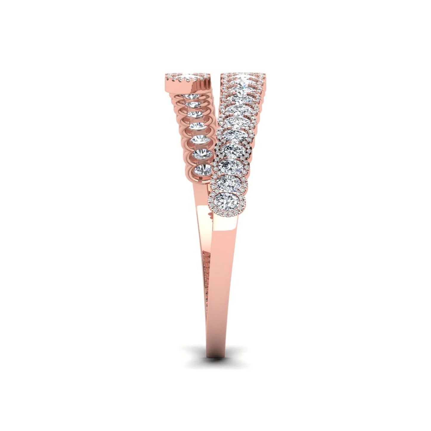 Rose-gold ring with diamond accents on a white background